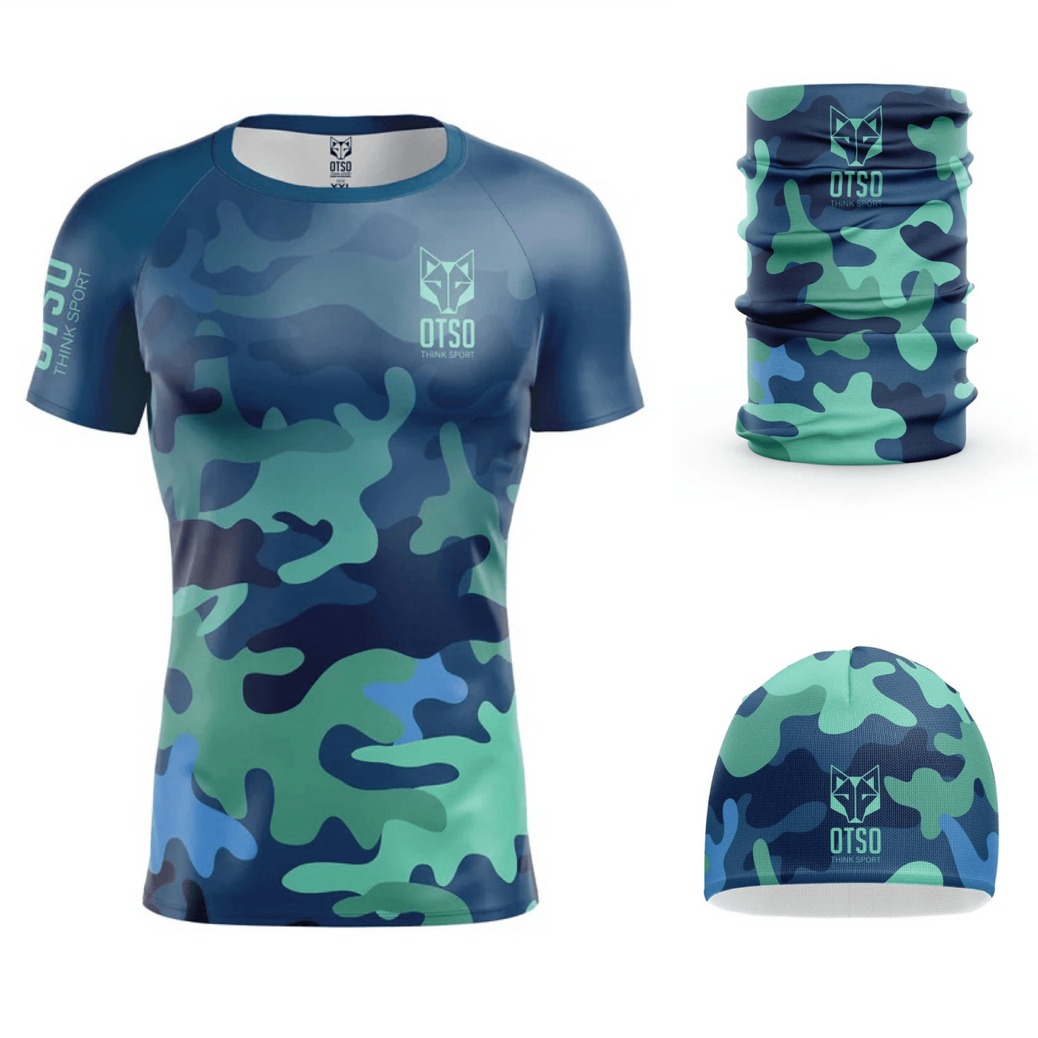 OTSO Blue Camo Pack: Maglia, Berretto Leggero & Scaldacollo - Janoa